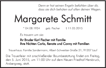 Traueranzeige von Margarete Schmitt von Hersbrucker Zeitung