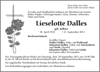 Traueranzeige von Lieselotte Dalles von Hersbrucker Zeitung