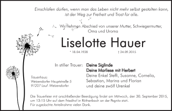 Traueranzeige von Liselotte Hauer von Pegnitz-Zeitung