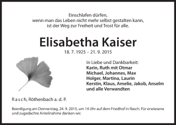 Traueranzeige von Elisabetha Kaiser von Der Bote