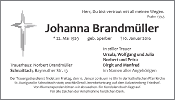 Traueranzeige von Johanna Brandmüller von Pegnitz-Zeitung