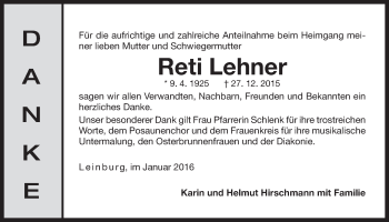 Traueranzeige von Reti Lehner von Der Bote