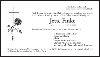 Traueranzeige von Jette Finke von Der Bote