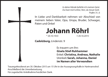 Traueranzeige von Johann Röhrl von Hersbrucker Zeitung