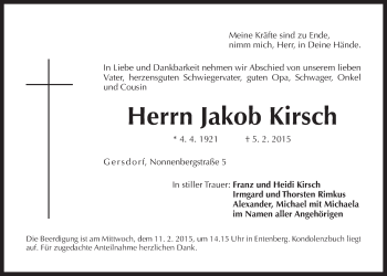 Traueranzeige von Jakob Kirsch von Der Bote