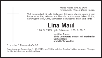Traueranzeige von Lina Maul von Der Bote