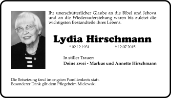 Traueranzeige von Lydia Hirschmann von Hersbrucker Zeitung