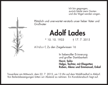Traueranzeige von Adolf Lades von Der Bote