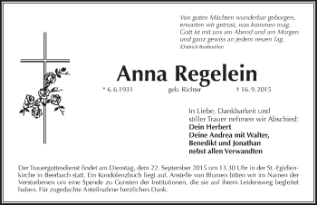 Traueranzeige von Anna Regelein von Pegnitz-Zeitung
