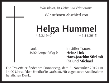 Traueranzeige von Helga Hummel von Pegnitz-Zeitung