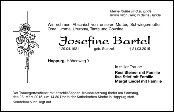 Traueranzeige von Josefine Bartel von Hersbrucker Zeitung