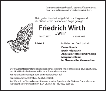 Traueranzeige von Friedrich Wirth von Hersbrucker Zeitung