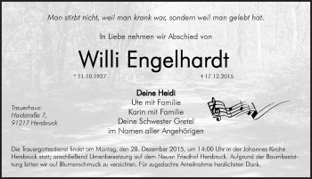 Traueranzeige von Willi Engelhardt von Hersbrucker Zeitung