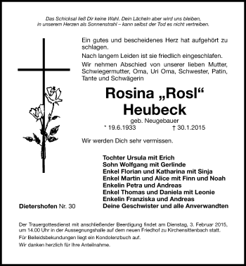 Traueranzeige von Rosina Heubeck von Hersbrucker Zeitung