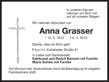 Traueranzeige von Anna Grasser von Der Bote