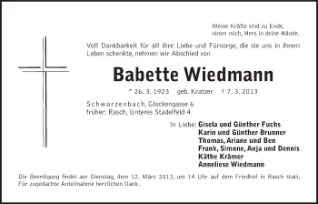 Traueranzeige von Babette Wiedmann von Der Bote