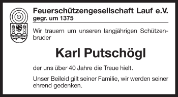 Traueranzeige von Karl Putschögl von Pegnitz-Zeitung
