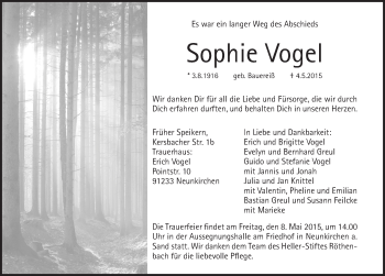 Traueranzeige von Sophie Vogel von Pegnitz-Zeitung