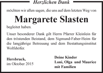 Traueranzeige von Margarete Slasten von Hersbrucker Zeitung