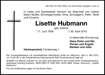 Traueranzeige von Lisette Hubmann von Hersbrucker Zeitung