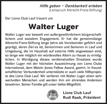 Traueranzeige von Walter  Luger von Pegnitz-Zeitung