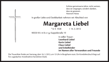 Traueranzeige von Margareta Liebel von Der Bote