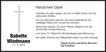 Traueranzeige von Babette Wiedmann von Der Bote