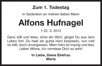 Traueranzeige von Alfons Hufnagel von Der Bote