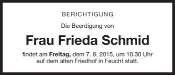 Traueranzeige von Frieda Schmid von Der Bote