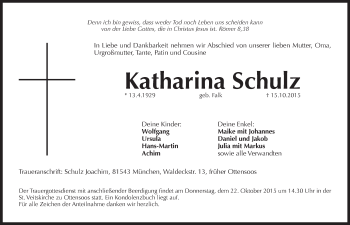 Traueranzeige von Katharina Schulz von Pegnitz-Zeitung