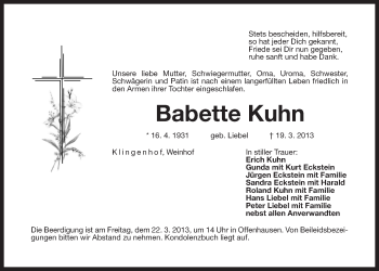 Traueranzeige von Babette Kuhn von Der Bote