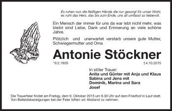 Traueranzeige von Antonie Stöckner von Pegnitz-Zeitung