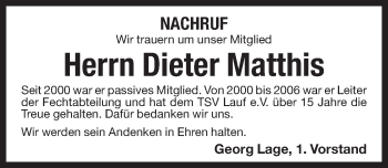 Traueranzeige von Dieter Matthis von Pegnitz-Zeitung