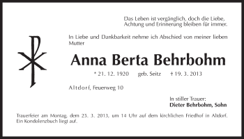 Traueranzeige von Anna Berta Behrbohm von Der Bote