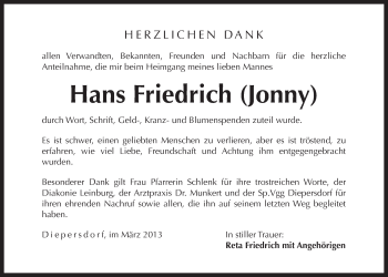 Traueranzeige von Hans Friedrich von Der Bote