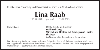 Traueranzeige von Lina Raab von Pegnitz-Zeitung