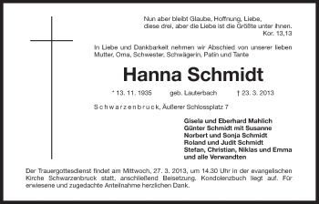 Traueranzeige von Hanna Schmidt von Der Bote