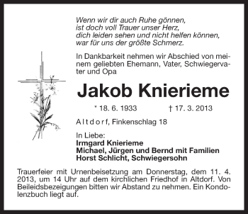 Traueranzeige von Jakob Knierieme von Der Bote