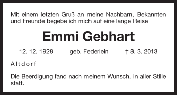 Traueranzeige von Emmi Gebhart von Der Bote