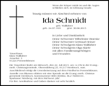 Traueranzeige von Ida Schmidt von Hersbrucker Zeitung