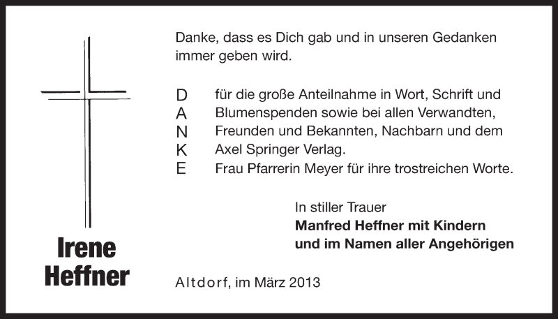  Traueranzeige für Irene Heffner vom 30.03.2013 aus Der Bote