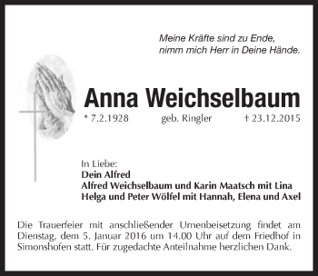 Traueranzeige von Anna Weichselbaum von Pegnitz-Zeitung
