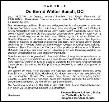 Traueranzeige von Bernd Walter Busch von Hersbrucker Zeitung