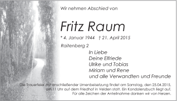Traueranzeige von Fritz Raum von Hersbrucker Zeitung