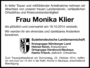 Traueranzeige von Monika Klier von Hersbrucker Zeitung