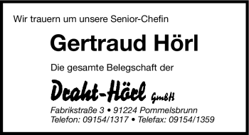 Traueranzeige von Gertraud Hörl von Hersbrucker Zeitung