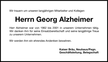 Traueranzeige von Georg Alzheimer von Hersbrucker Zeitung