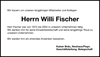 Traueranzeige von Willi Fischer von Hersbrucker Zeitung