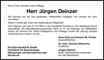 Traueranzeige von Jürgen Deinzer von Hersbrucker Zeitung
