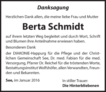 Traueranzeige von Berta Schmidt von Hersbrucker Zeitung